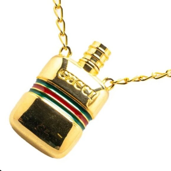GUCCI Logo Bottle Long Necklace 30" Gold Tone Auth #4530